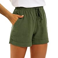 Cotton Linen Shorts Womens Summer Casual Elastic Waist Drawstring Shorts Loose Comfy Pull On Work Shorts with Pockets