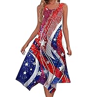 Women's Summer Dresses 2024 Casual Fashion Round Neck Sleeveless 4Th of July Dress Print Irregular Midi Dress