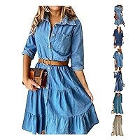 Women's Fall Wedding Guest Dress Casual Solid Color Long Sleeved Loose Fitting High Waisted Denim Dress