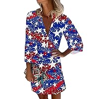 America Outfit Women Patriotic Dress for Women Sexy Casual Vintage Print with 3/4 Length Sleeve Deep V Neck Independence Day Dresses Blue X-Large