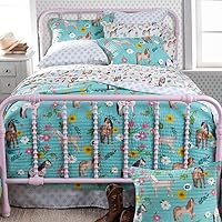 Rod's Horse Girls (Quilt) - Pony Daisy Flower Quilt- Turquoise Pink Yellow Brown Tan Green White -Full/Queen Quilt - Quilt Size (86x86in) - Cotton