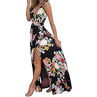 High Split Dress for Women,Sexy Spaghetti Straps Deep V Neck Sleeveless Halter Ruched Floral Print Swing Maxi Dress
