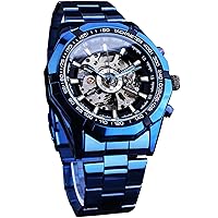 FORSINING Men's Watch Self-Winding Skeleton Hollow Mechanical Automatic Luxury Watches, Blue Black Stainless Steel Band Waterproof Wrist Watch