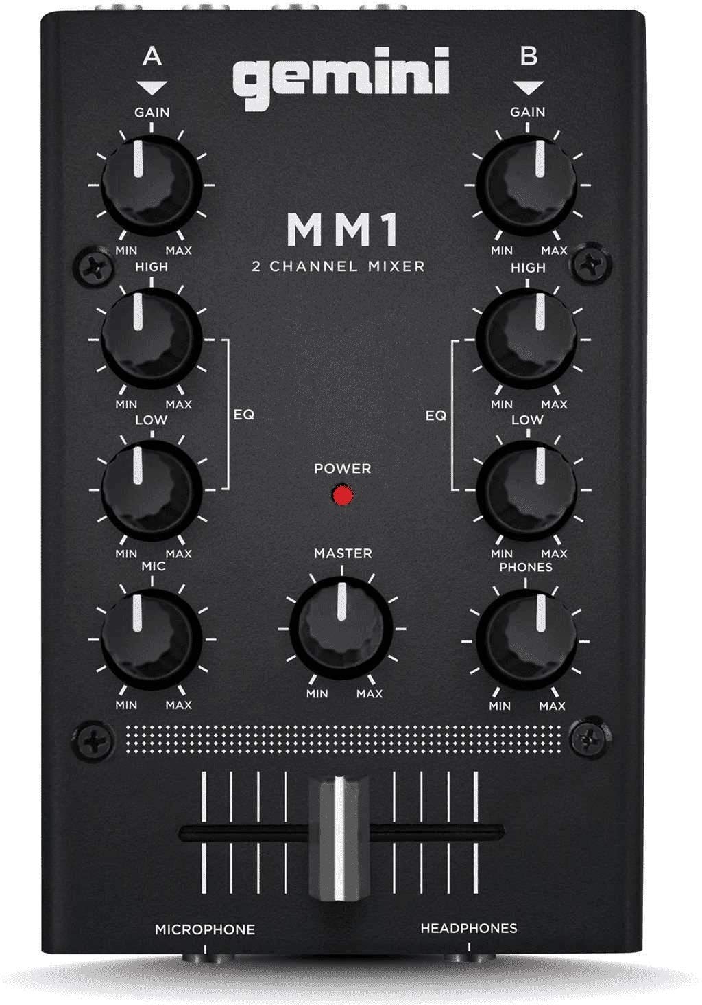 Gemini Sound MM1 Professional Audio 2-Channel Dual Mic Input Stereo 2-Band Rotary Compact DJ Podcast Mixer with Cross-Fader and Individual Gain Control