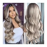 wig 24inches Body Wave Lace Front Wig Highlight Ash Blonde Lace Frontal Synthetic Wigs Pre Plucked Long Wavy Synthetic Lace Wig for Women grey wigs for women ( Color : Ash Blonde , Size : Lace Front 2