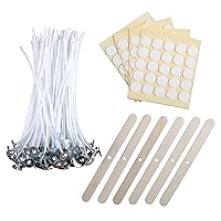 MILIVIXAY 6 inch Candle Wick Bundle: 100PCS Candle Wicks, 100PCS Candle Wick Stickers and 6PCS Wooden Candle Wick Holders - Wicks Coated with Paraffin Wax, Cotton Wicks Kits for Candle Making.