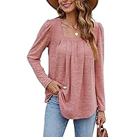 BEUFRI Sweatshirt for Women Casual Pleated Long Sleeve Square Neck Tunic Tops Pink L