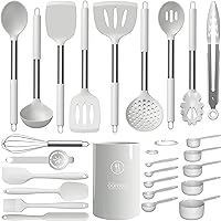 Large Silicone Cooking Utensils Set - Heat Resistant Kitchen Utensils Sets,Spatula,Spoon,Turner Tongs,Brush,Whisk,Stainless Steel Silicone Cooking Utensil for Nonstick Cookware Dishwasher Safe (White)