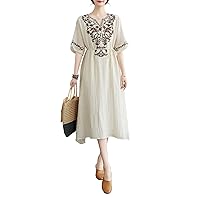 Women Cotton Linen Dress Casual Loose Bohemian Floral House Midi Dress with Pockets