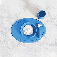 ezpz Tiny Collection Set (Blue) - 100% Silicone Cup, Spoon & Bowl with Built-in Placemat for First Foods + Baby Led Weaning + Purees - Designed by a Pediatric Feeding Specialist - 6 Months+