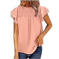Womens Chiffon Blouse V Neck Ruffle Sleeve Flowy Frill Smocked Shirts Dressy Casual Swiss Dot T Shirt Cute Summer Tops