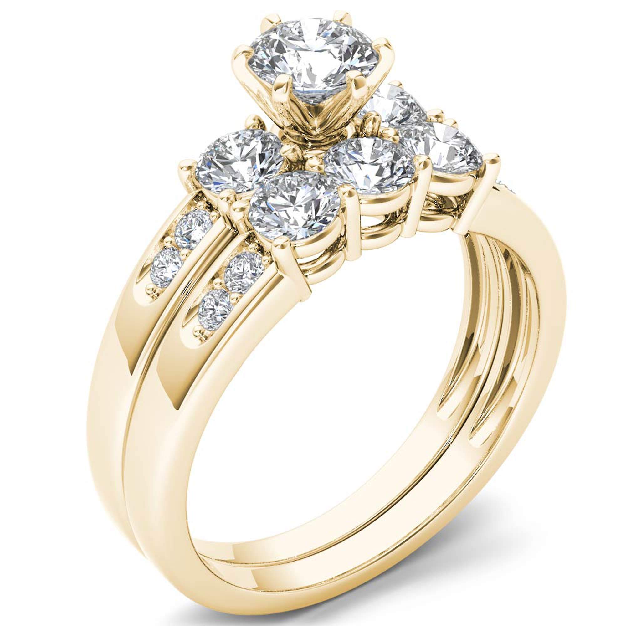 DZON IGI Certified 14k Gold 1 3/8 Carat TDW Diamond Three Stone Bridal Ring Set (I-J,I2)