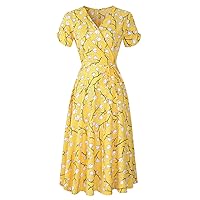Flygo Floral Print Sun Dress Bohemian Beach Dress Flowy Chiffon Midi Summer Dresses for Women