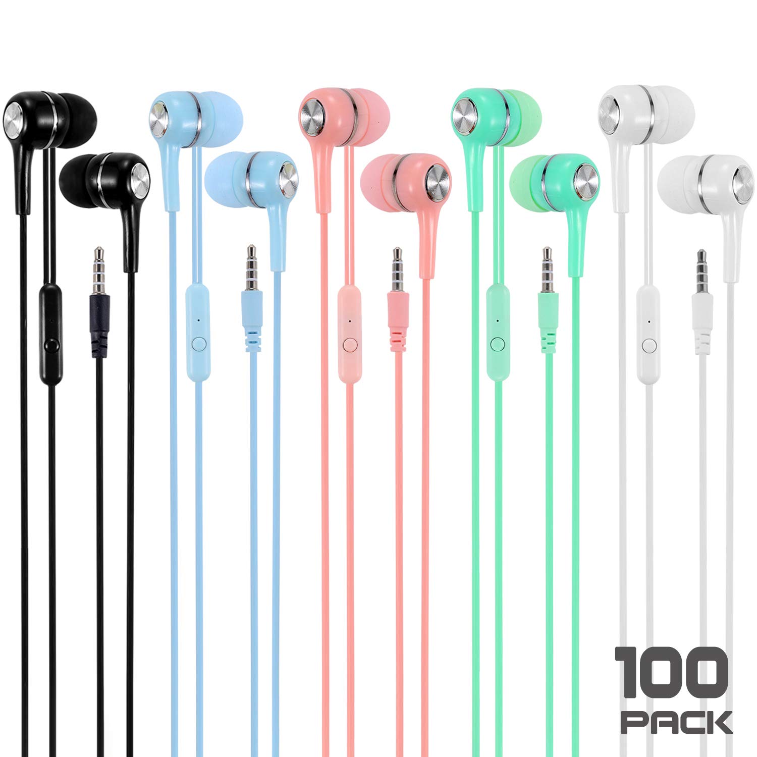 Wholesale Bulk Earbuds Headphones with Microphone 100 Packs Multi Colored, Durable Earphones with Mic for School Classroom Students Kids Children