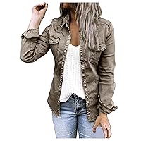 Women Casual Solid Color Single Breasted Snap Lapel Long Sleeve Pocket Tunic Shirt Denim Jacket Coat for Work Home