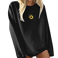 Crewneck Sweatshirts Women Cord Knit Corduroy Shirt Y2k Flower Graphic Long Sleeve Tops Oversized Preppy Sweatshirt Pullover