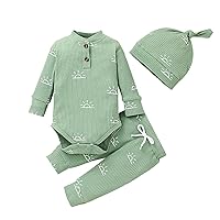 Kids Clothing Boy Cartoon Sunset Print 3PCS Set Warm Outfit with Hat Baby Long Sleeve (Mint Green, 12-18 Months)