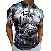 Galaxy White Tiger Mens Polo Shirts Quick Dry Short Sleeve Zippered Workout T Shirt Tee Top