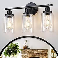 Black Bathroom Light Fixtures, Modern Vanity Lights for Bathroom, Black Bathroom Lighting Fixtures Over Mirror with Clear Glass Shade, 3-Lights Matte Black Vanity Light Modern Bathroom Lighting