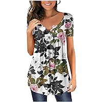 Womens Tops Hide Belly Tunic 2024,Casual V- Neck Floral Printed Flowy Henley Tshirt Buttons Short Sleeve Pleated T-Shirt