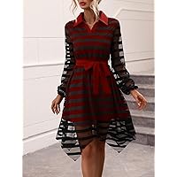 Dresses for Women - Contrast Mesh Belted Shirt Dress (Color : Multicolor, Size : Small)