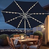 BLUU 9 Ft Patio Umbrella with Solar LED Lights, 5-Year Fade-Resistant Aluminum Outdoor Table Umbrella with Tilt Adjustment and Crank for Pool, Deck, Garden and Lawn, Navy Blue