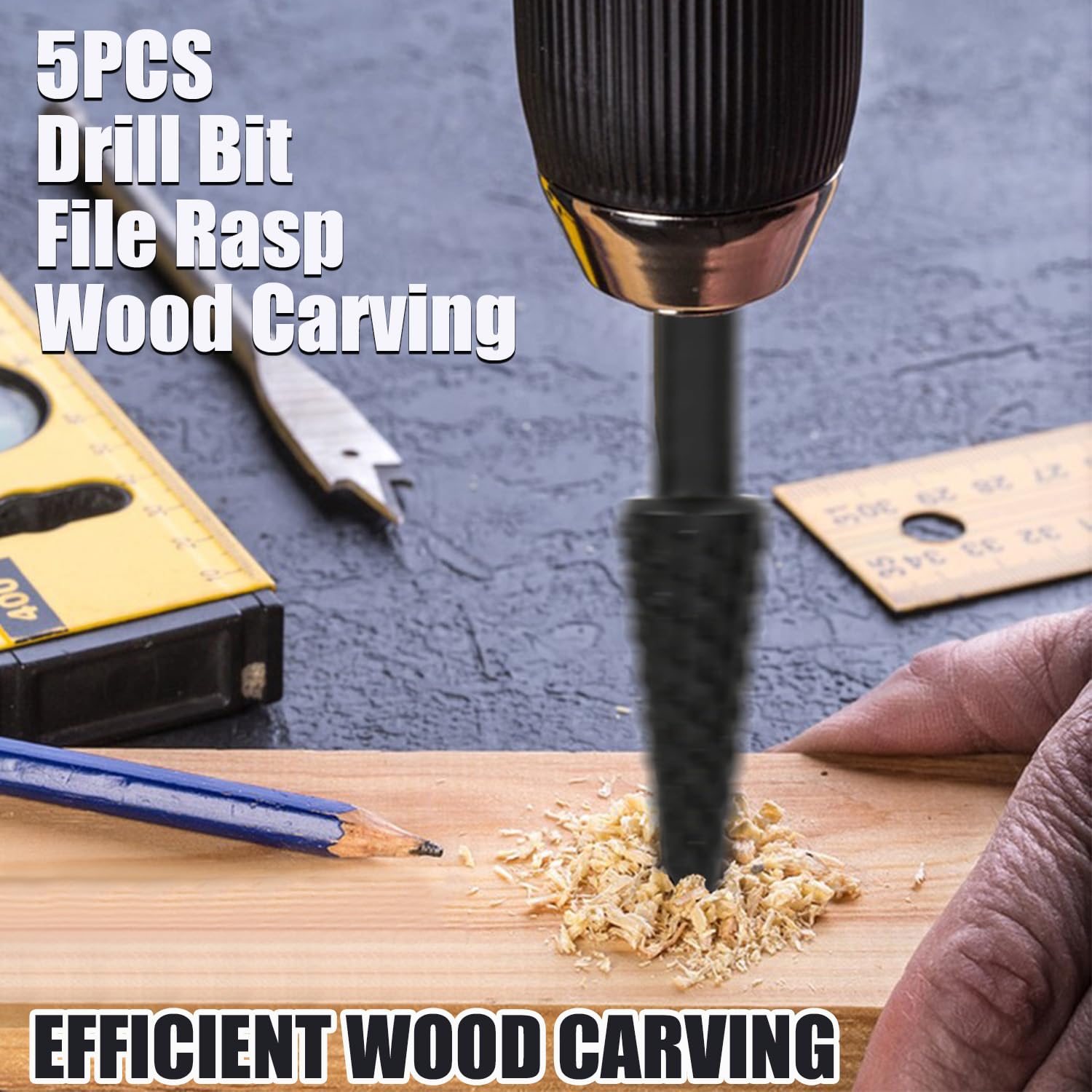 Rotary Drill Bits Set Wood Carving File Rasp Drill Bit of 5Pcs, 1/4