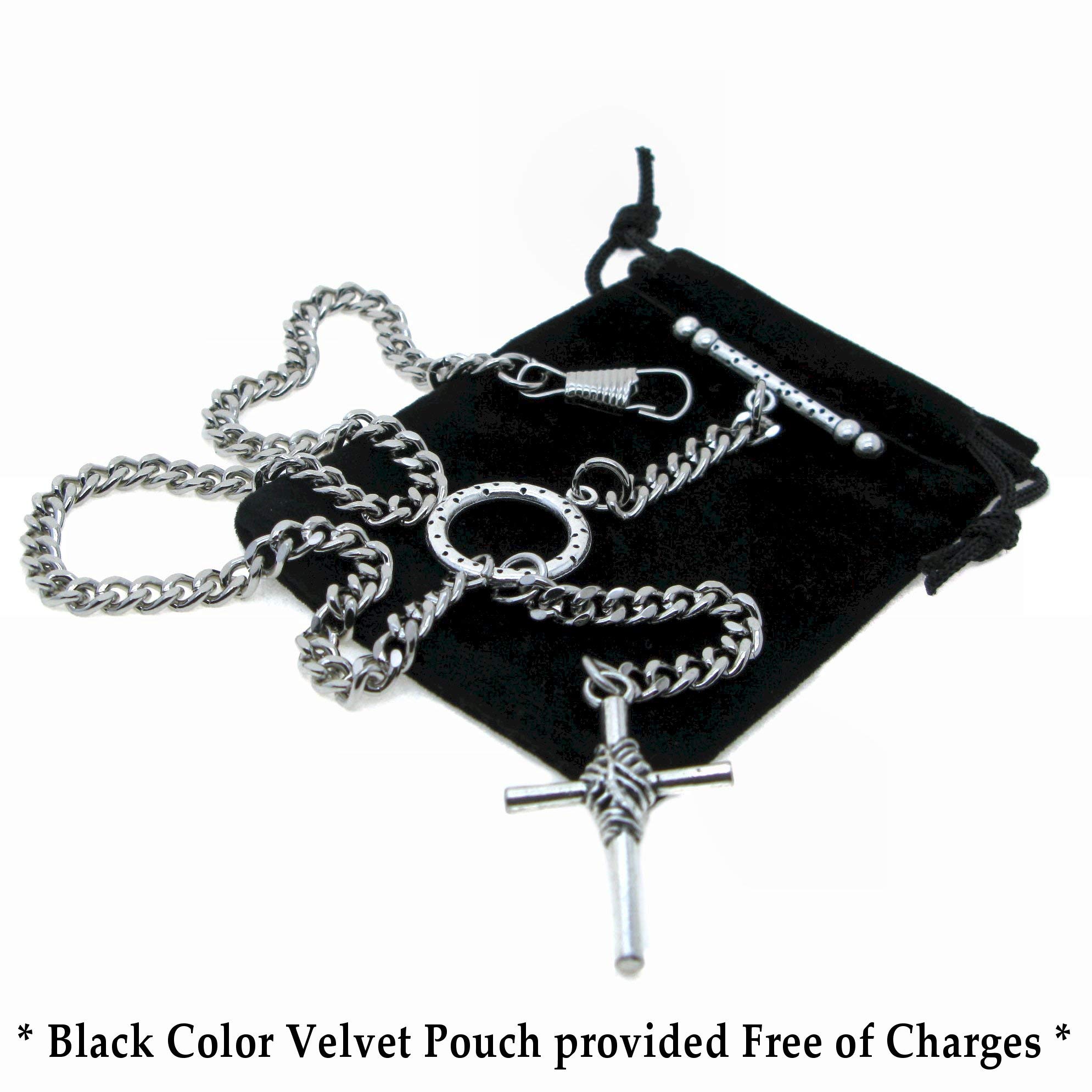 Albert Chain Silver Color Pocket Watch Chains for Men - 2 Ways Usage on Vests & Trousers or Jeans with Religious Cross Design Fob T Bar ACT76