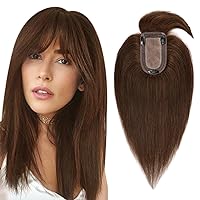 THESSHAIR 12 Inch Human Hair Toppers for Women Medium Brown Hair Topper for Thin Hair 100% Real Human Hair Topper with 3 Clips Hair Topper with Bangs 13 * 7CM Lace Silk Base Hand-Tied #04