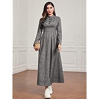 Women's Dress Mock Neck Button Front Dress (Color : Gray, Size : Small)