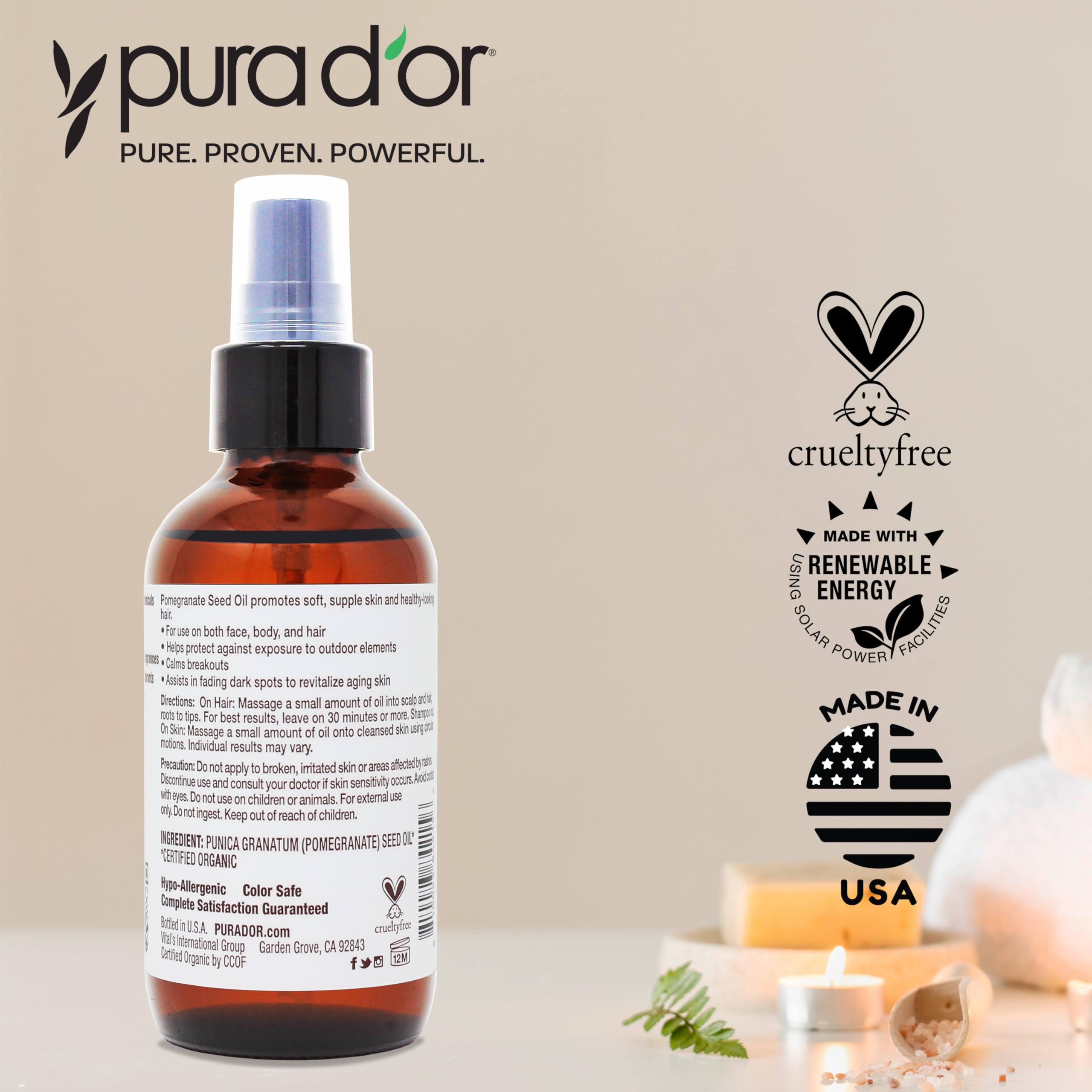 PURA D'OR 4 Oz Organic Pomegranate Oil - 100% Pure USDA Certified Premium Grade Cold Pressed Pomegranate Oil - Organic Body Oil For Hair, Face, & Skin - Hair Moisturizer Pure Cleansing Oil - Scar Oil