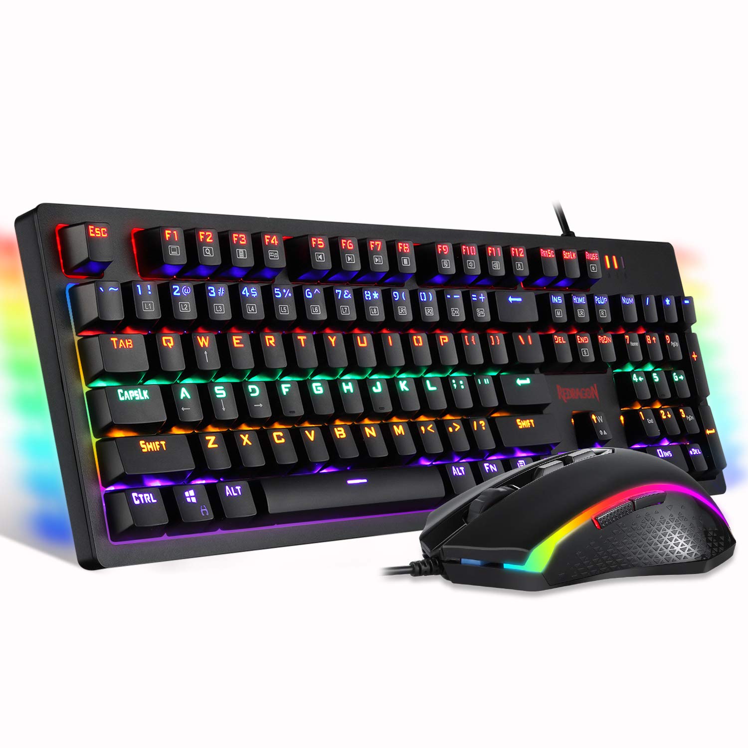 Redragon S117 Gaming Keyboard Mouse Combo Mechanical RGB Rainbow Backlit Keyboard Brown Switches RGB Gaming Mouse for Windows PC Gamers (104 Keys)