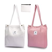 Diesisa Tote bag, 2-Pack Canvas Tote bag for women + Purse, Reusable Corduroy Tote Bag Shoulder Bag with inner zipper pocket for women girls Gift - White+Pink