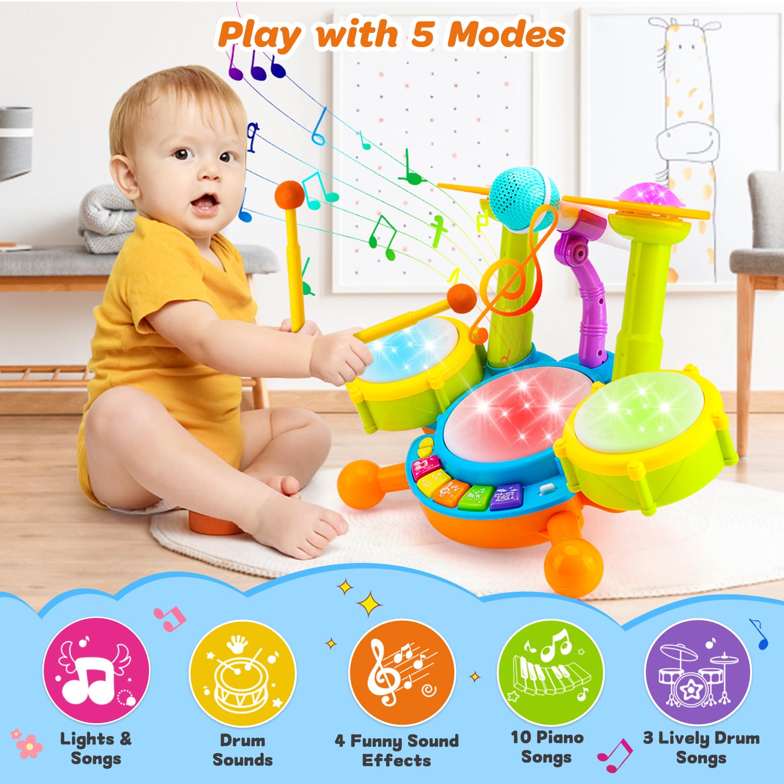 Kids Drum Set for Toddlers 1-3 Musical Baby Toys for 1 Year Old Boy Gifts Montessori Baby Girl Toys with Microphone Light Up Learning Toys Birthday Gifts for Infants 6 9 12 18 Months Toddler Age 1-2