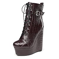 Castamere Womens High Wedge Platform Heel Round Toe Ankle Boots Short Bootie Lace-up Zipper Studded Rivets Sexy 5.9 Inches Heels