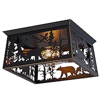 Rustic Bear Flush Mount Ceiling Light Fixture, Farmhouse Vintage Industrial Metal Cage Light Perfect for Kitchen, Dining Room, Foyer Entryway, Cabin, Loft Lighting (Bulbs not Included)