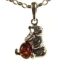 BALTIC AMBER AND STERLING SILVER 925 BEAR PENDANT NECKLACE - 14 16 18 20 22 24 26 28 30 32 34