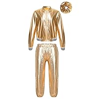 YiZYiF Kids Girls Boys Hip Hop Jazz Dance Clothing Sets Costume Shiny Metallic Bomber Jacket with High Waist Pants Set