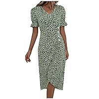 Gown Maxi Sexy Dress Ladies Fall Short Sleeve Polyester Print Sundress Women Regular Fit Cosy Button V Neck Green XXL