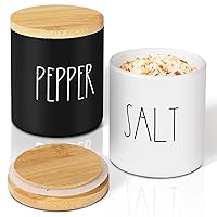 Salt and Pepper Bowls, 2 Pack Salt and Pepper Holder Set, Salt Container with Bamboo Lid, Black and White Salt Cellar, Salt Container Set, Salt Box for Countertop, Farmhouse Kitchen Decor