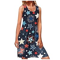 Summer Dress for Women 2024 Sleeveless Independence Day Graphic Sundress Crew Neck Casual Loose Beach Tank Dress