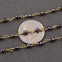36 inch Long gem Coated Black Spinel 2.5-3mm Round Shape Faceted Cut Beads Wire Wrapped Gold Plated Rosary Chain for Jewelry Making/DIY Jewelry Crafts #Code - ROSARYCH-0260