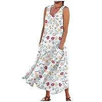 Sundresses for Women Flowy Floral Print Round Neck Dresses with Pockets Sleeveless Beach Cotton Linen Long Dress