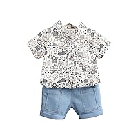 Boys Casual Summer Button-Down Cartoon Printed Shirt Top + Denim Shorts