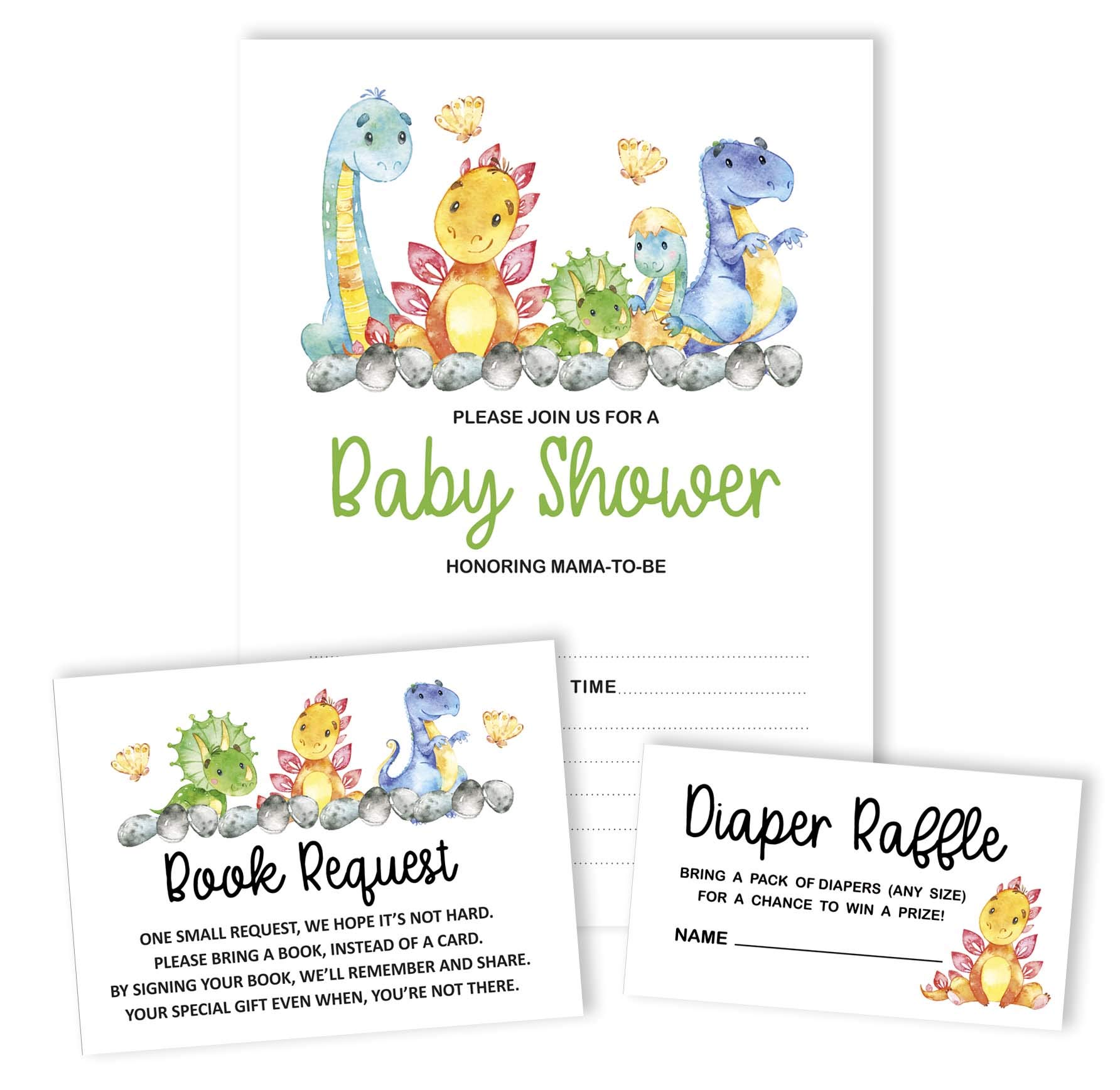 Inkdotpot Set of 30 Dinosaur Baby Shower Invitations-Diaper Raffle Tickets and Baby Shower Book Request Cards Jungle Animals Invites Its A Boy Its A Girl