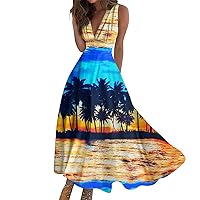 Midi Dresses for Women Floral Navy Blue Hawaiian Floral Print Long Skirt with V-Neck and Sleevelessable Beach Skirt