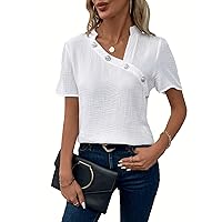 SweatyRocks Women's Short Sleeve Asymmetrical Neck Solid Blouse Button Front Business Work Shirt Tops