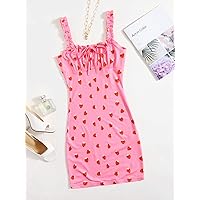Fall Dresses for Women 2022 Frilled Strap Ruched Bust Strawberry Print Bodycon Dress (Color : Pink, Size : X-Small)