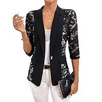 GORGLITTER Women's Floral Lace Open Front Jackets Long Sleeve Notched Neck Jacket Outwear