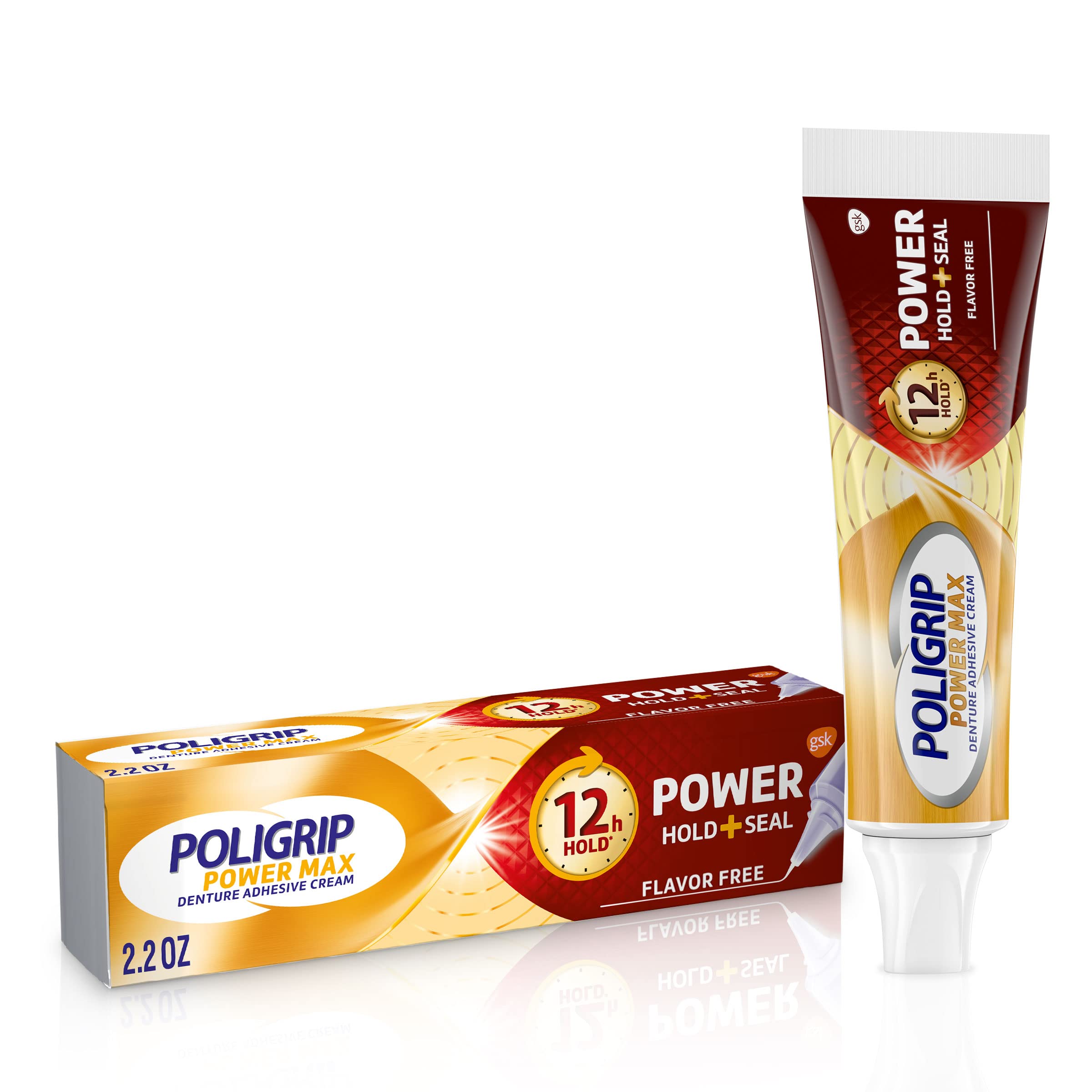 Poligrip Power Max Power Hold plus Seal Denture Adhesive Cream, Denture Cream for Secure Hold and Food Seal, Flavor Free - 2.2 oz